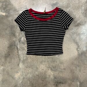 Black & White Striped Crop Top with Red Neckline